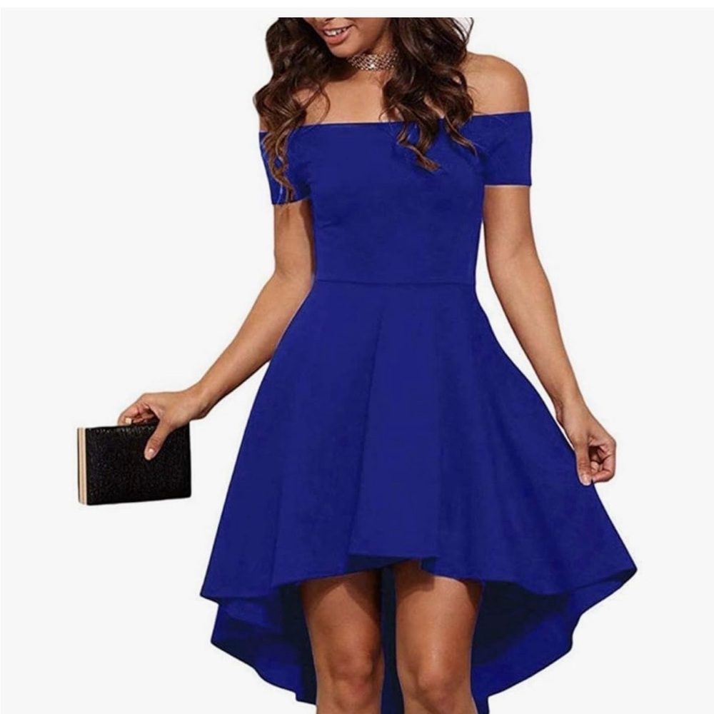 Chic Royal Blue Off-Shoulder High Low Dress